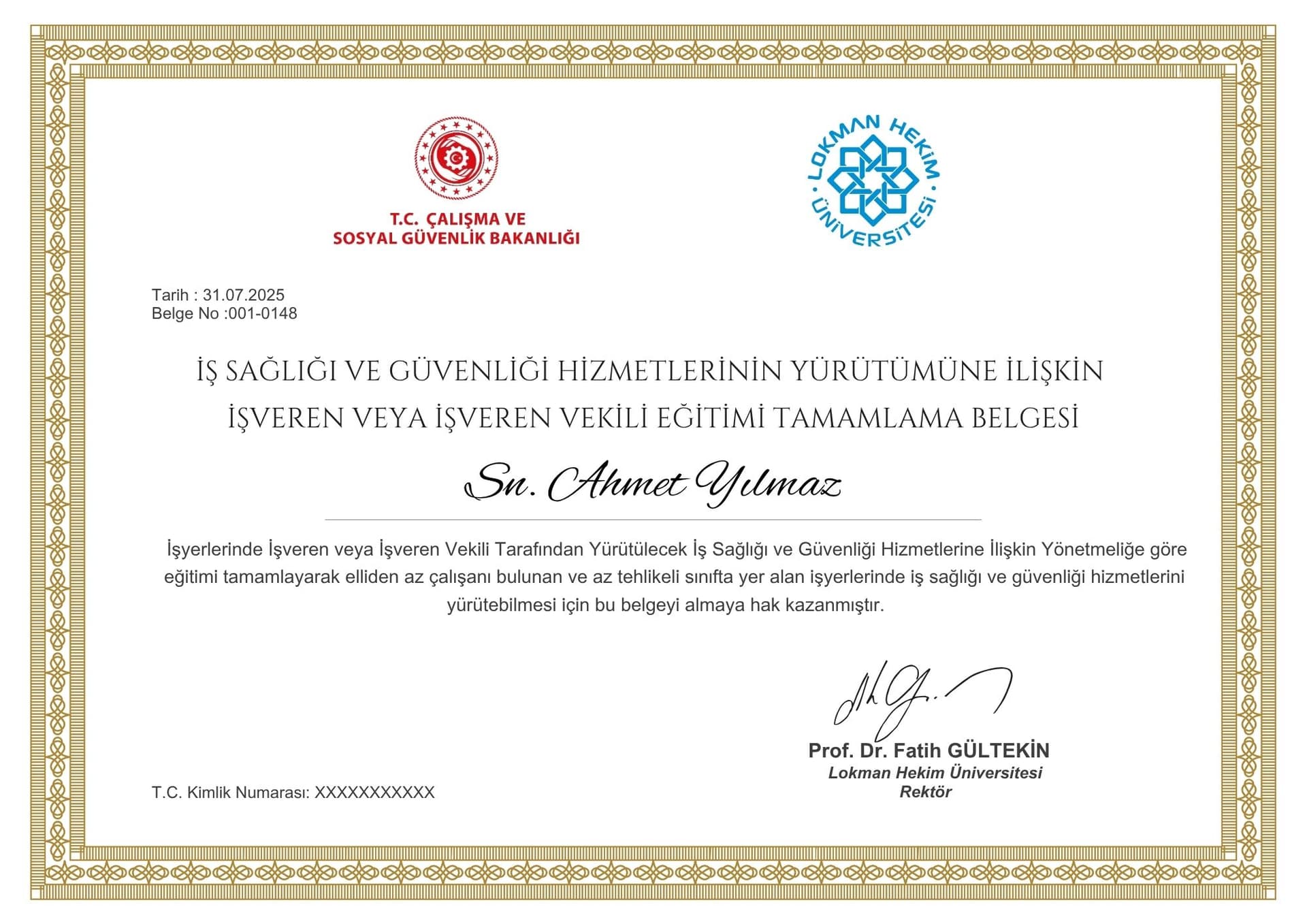 Lokman Hekim Üniversitesi İşveren İSG Eğitimi Sertifika Örneği